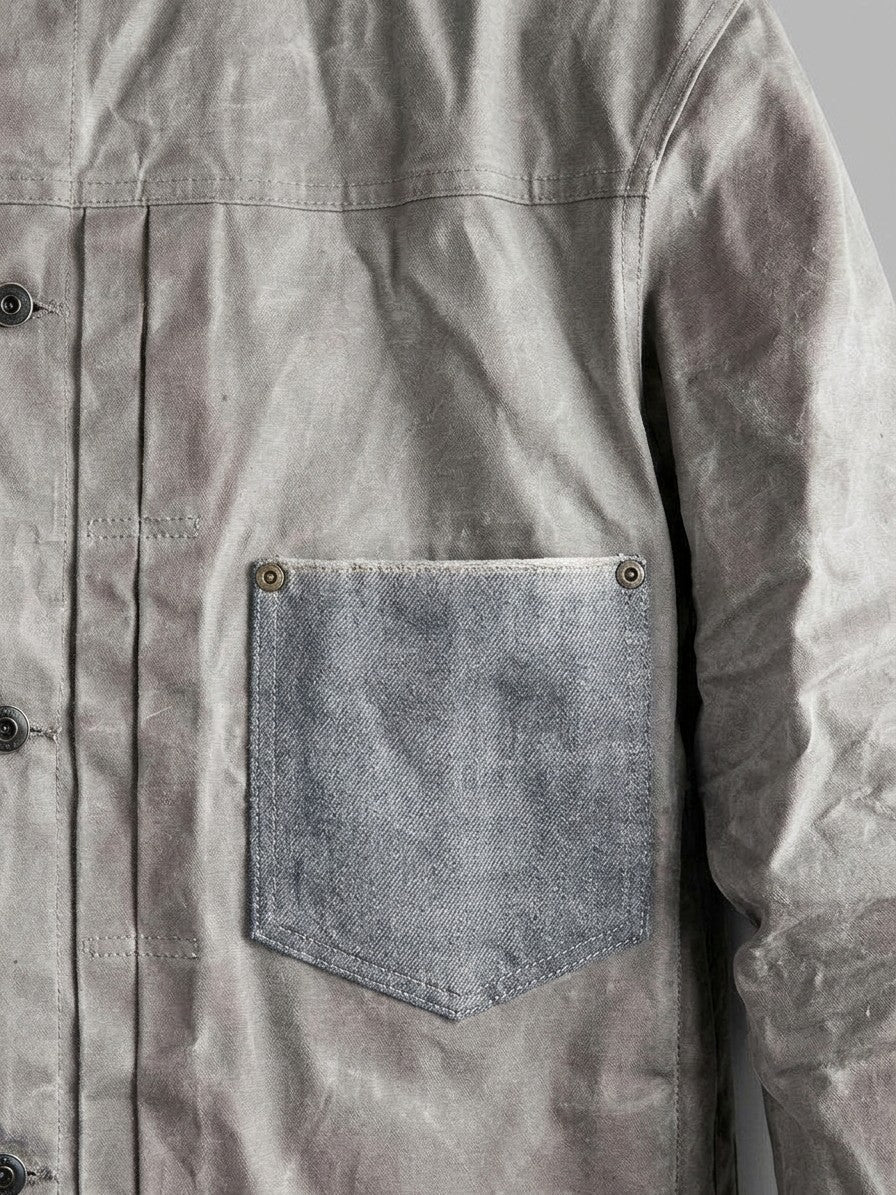Suzzara Men's Denim-Pocket Waxed Trucker Jacket — stonegrey — detail