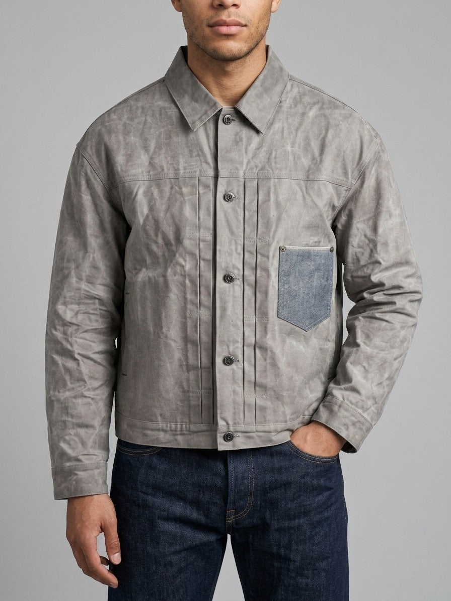 Suzzara Men's Denim-Pocket Waxed Trucker Jacket — stonegrey — front