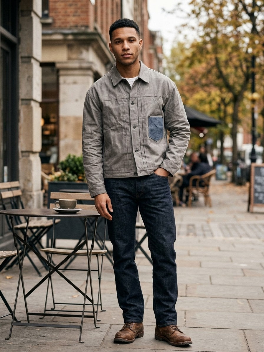 Suzzara Men's Denim-Pocket Waxed Trucker Jacket — stonegrey — lifestyle