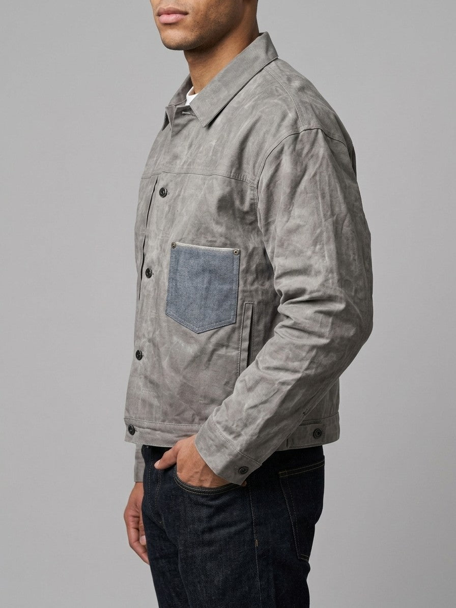 Suzzara Men's Denim-Pocket Waxed Trucker Jacket — stonegrey — side