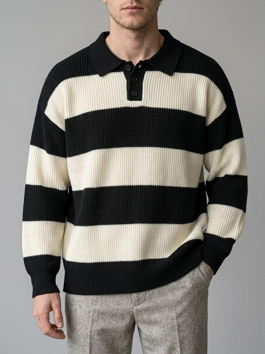 Tagliacozzo Men's Oversized Rugby Stripe Polo Sweater — black — front