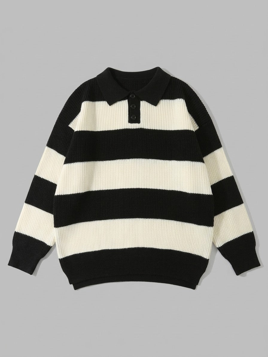 Tagliacozzo Men's Oversized Rugby Stripe Polo Sweater — black — packshot