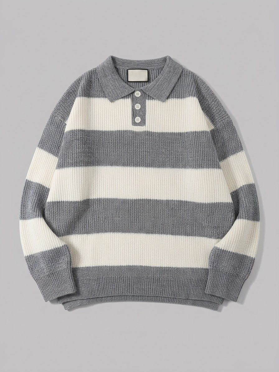 Tagliacozzo Men's Oversized Rugby Stripe Polo Sweater — grey — packshot