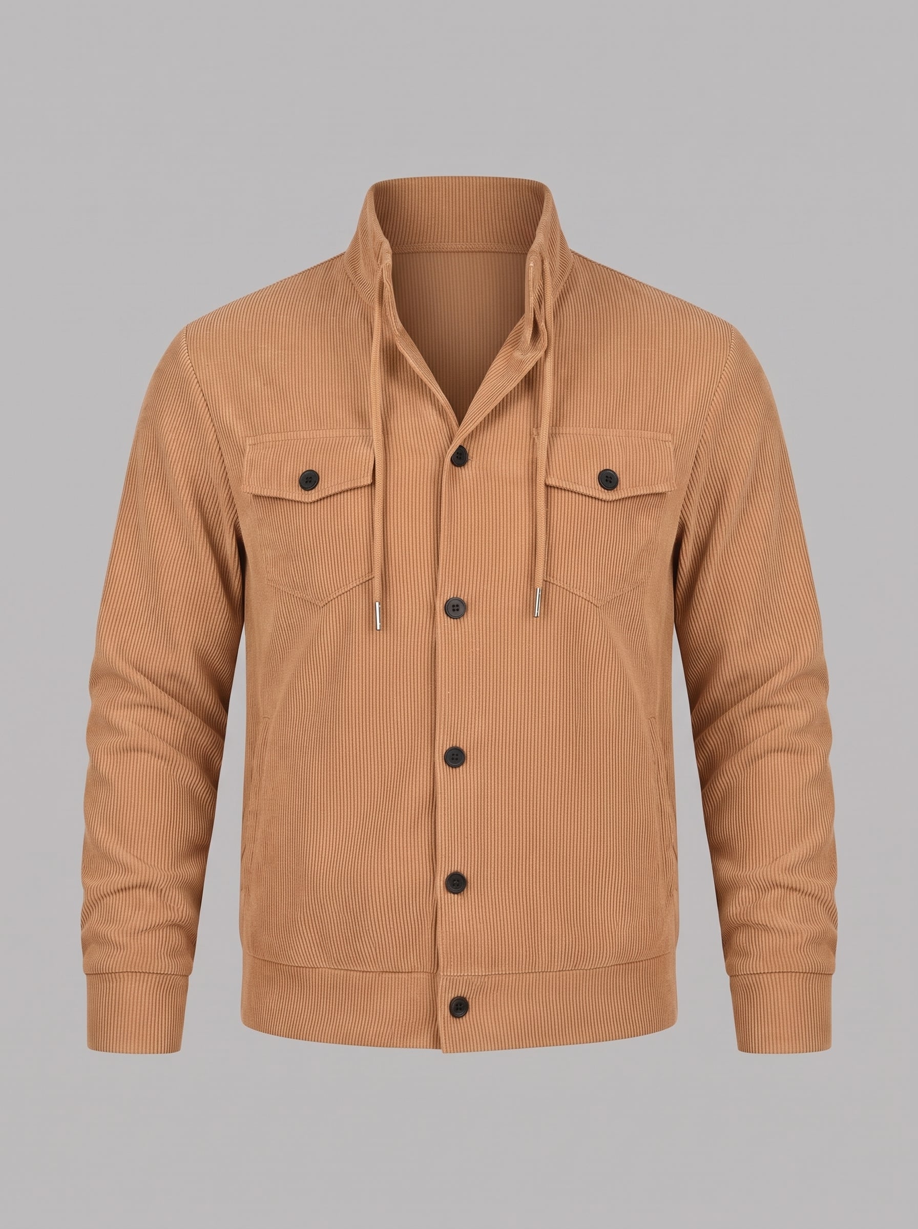A tan corduroy button-up shirt jacket with a stand-up collar, drawstrings, and two buttoned chest pockets, shown on a solid gray background.
