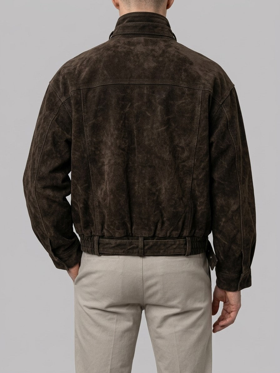 Taranto Men's Belted Canvas Moto Jacket — darkbrown — back