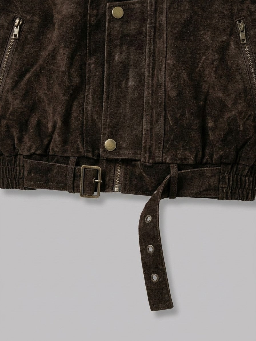 Taranto Men's Belted Canvas Moto Jacket — darkbrown — detail-2