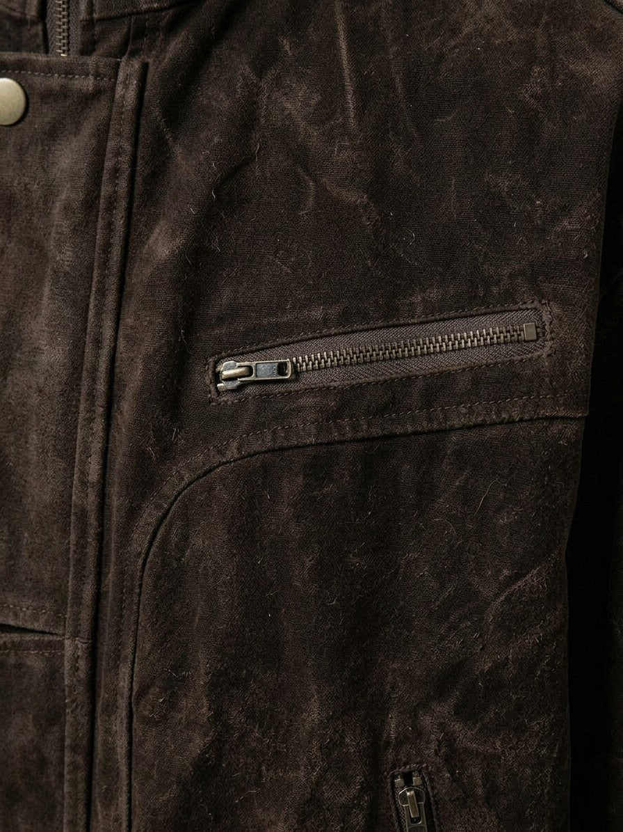 Taranto Men's Belted Canvas Moto Jacket — darkbrown — detail-collar