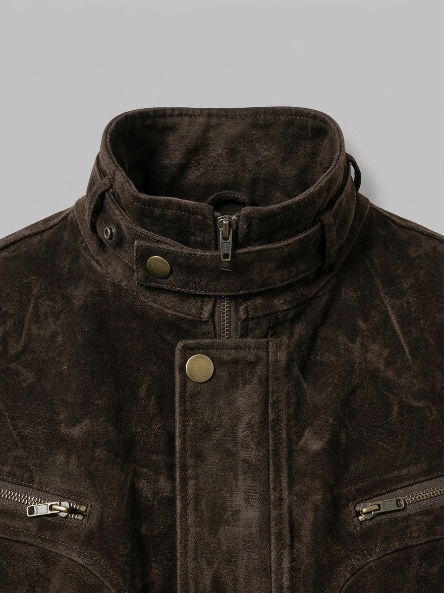 Taranto Men's Belted Canvas Moto Jacket — darkbrown — detail