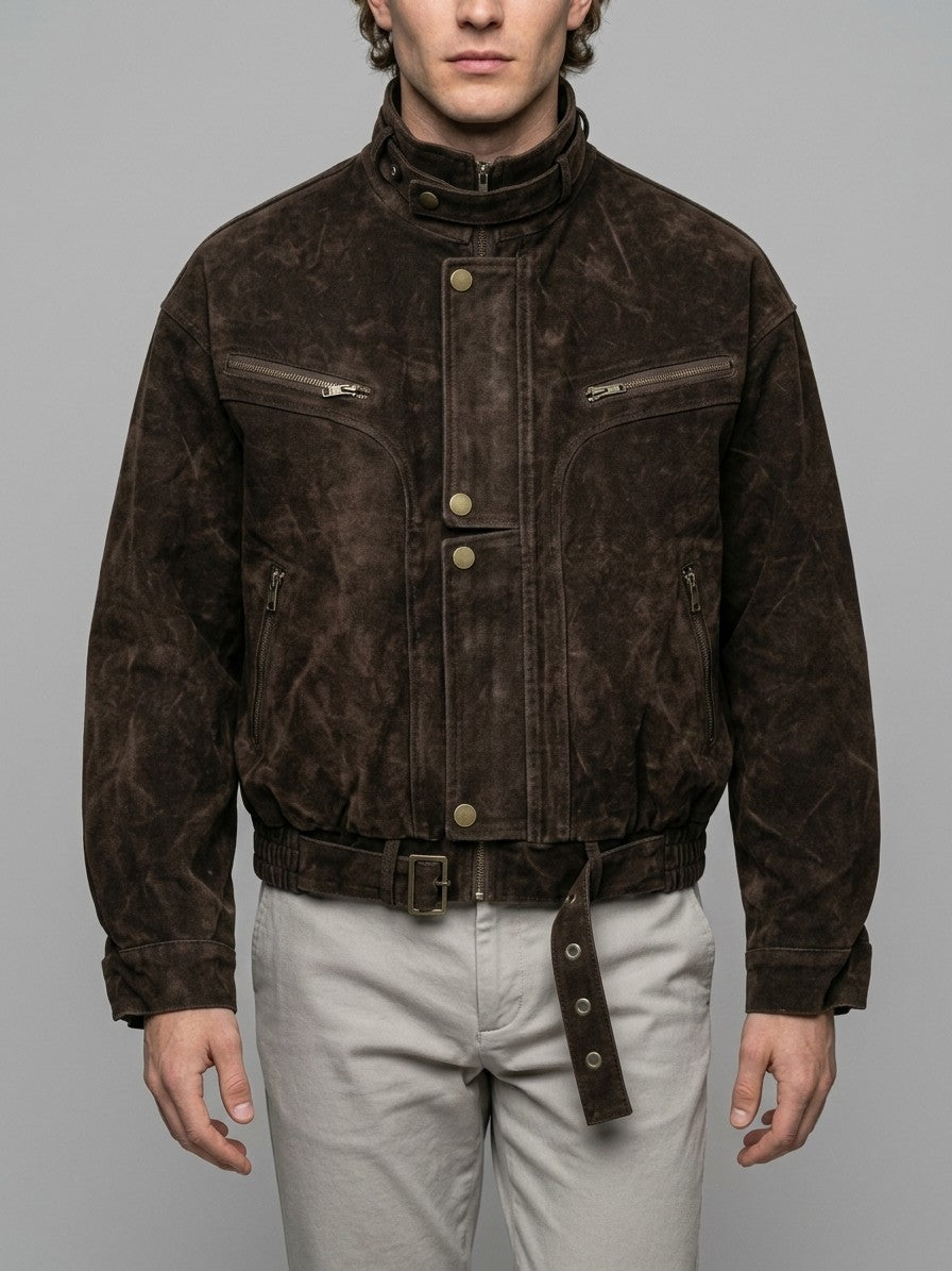Taranto Men's Belted Canvas Moto Jacket — darkbrown — front