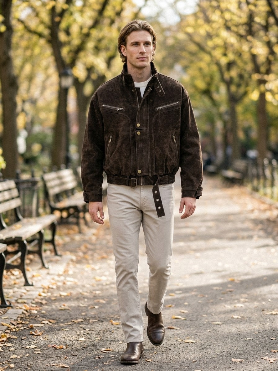 Taranto Men's Belted Canvas Moto Jacket — darkbrown — lifestyle