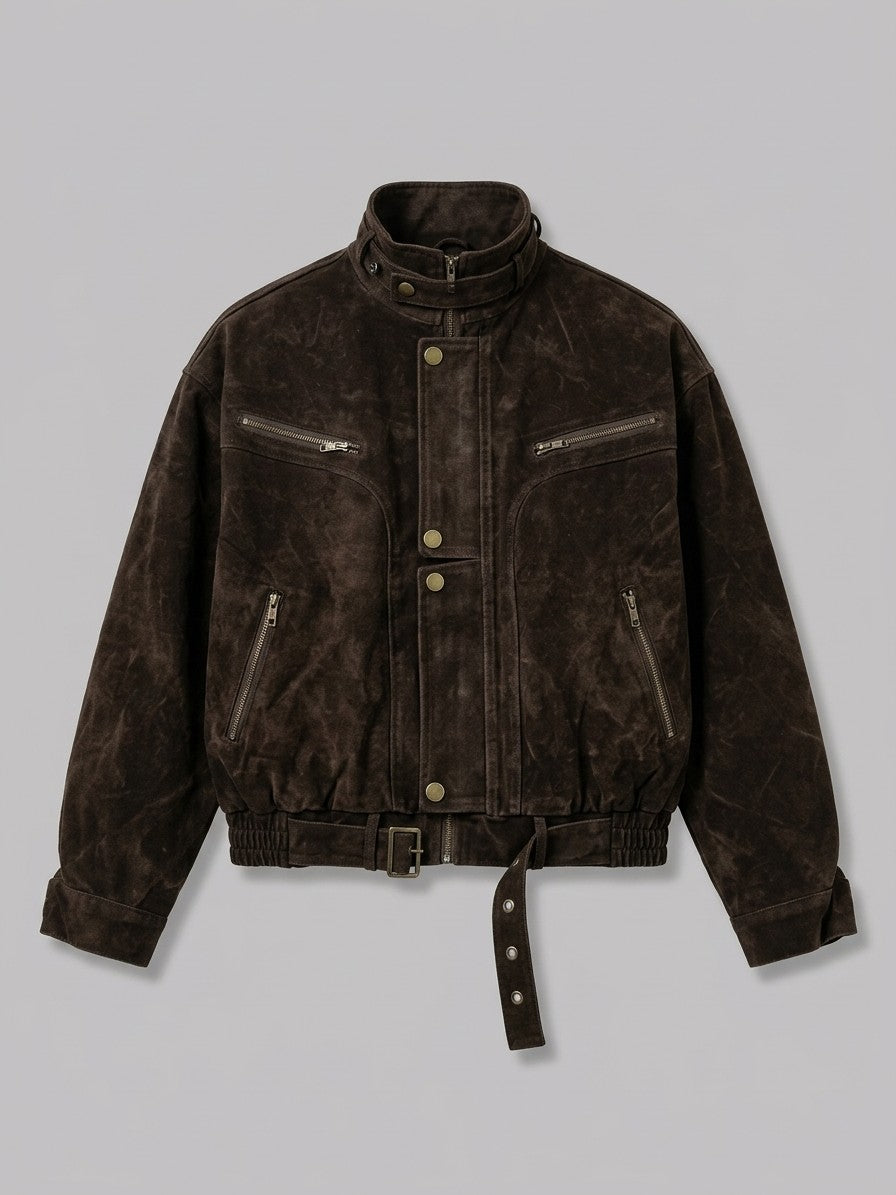 Taranto Men's Belted Canvas Moto Jacket — darkbrown — packshot