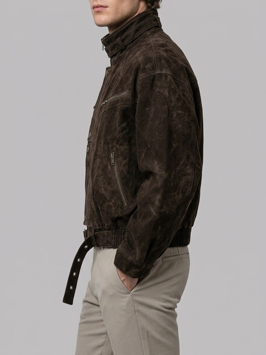 Taranto Men's Belted Canvas Moto Jacket — darkbrown — side