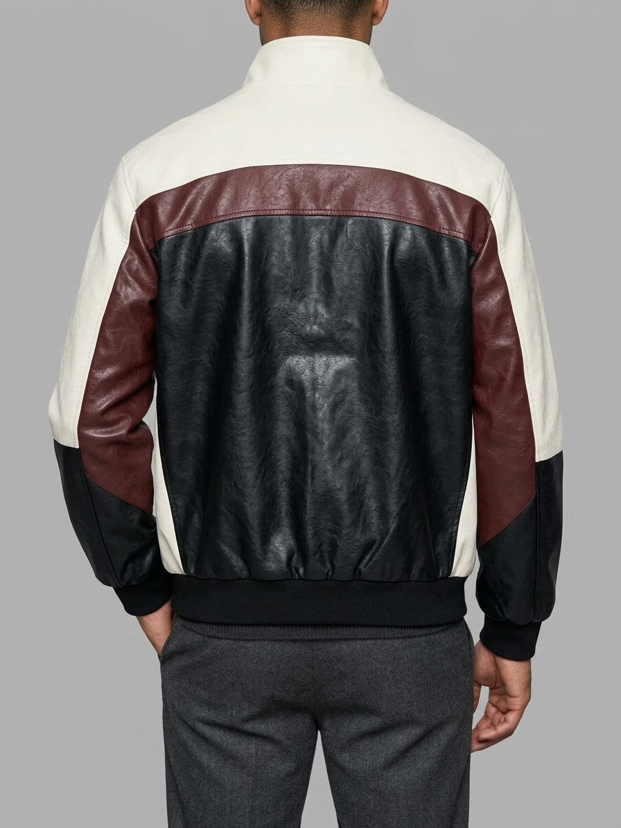 Tarquinia Men's Color-Block Faux Leather Bomber Jacket — black — back