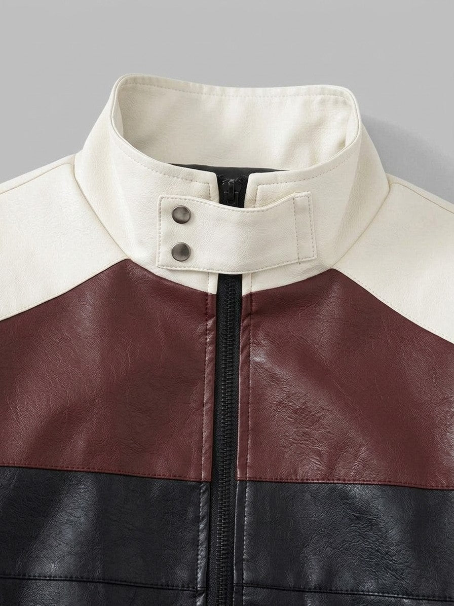 Tarquinia Men's Color-Block Faux Leather Bomber Jacket — black — detail-2