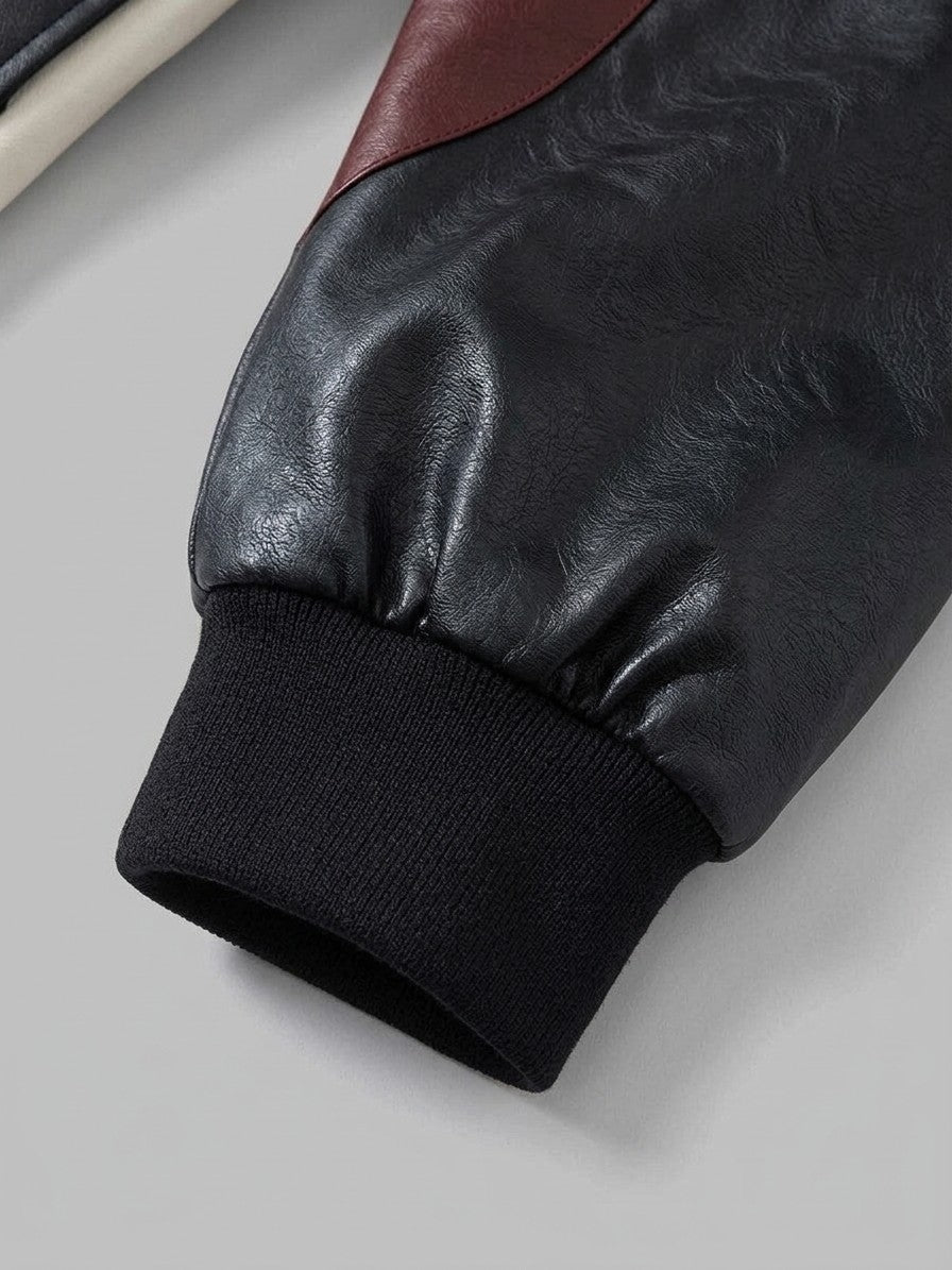 Tarquinia Men's Color-Block Faux Leather Bomber Jacket — black — detail-collar