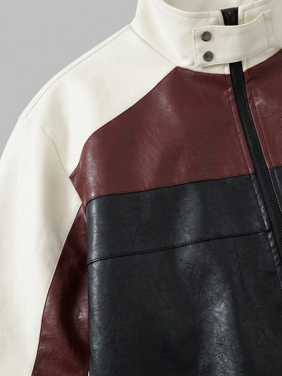 Tarquinia Men's Color-Block Faux Leather Bomber Jacket — black — detail