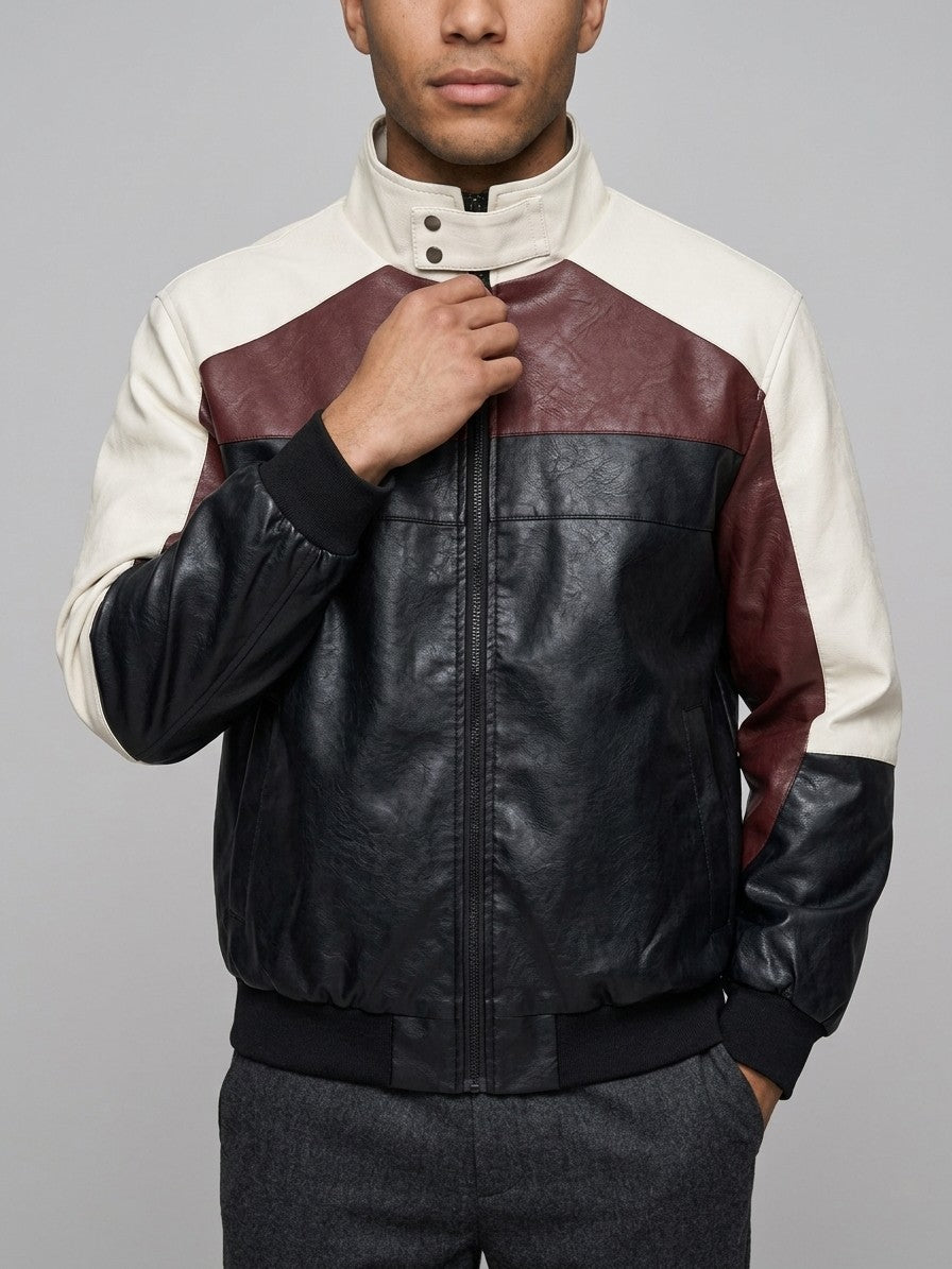 Tarquinia Men's Color-Block Faux Leather Bomber Jacket — black — front