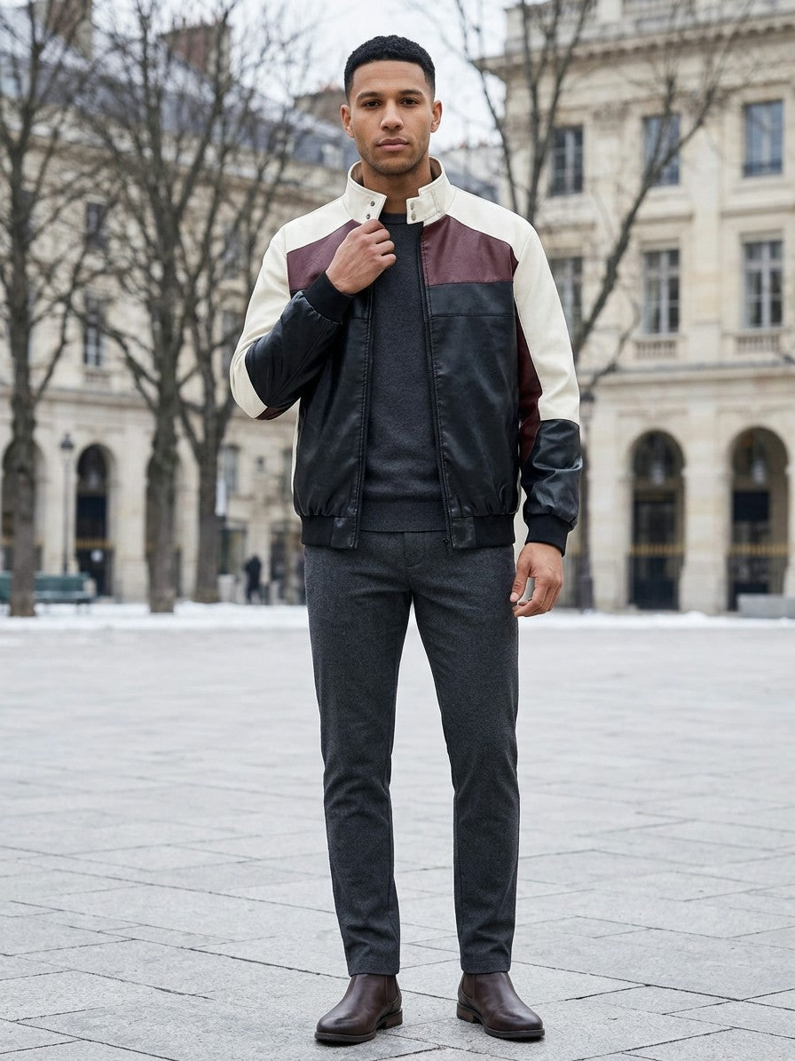 Tarquinia Men's Color-Block Faux Leather Bomber Jacket — black — lifestyle