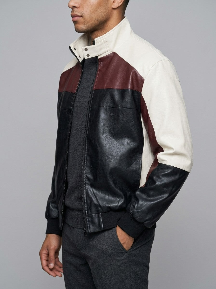 Tarquinia Men's Color-Block Faux Leather Bomber Jacket — black — side