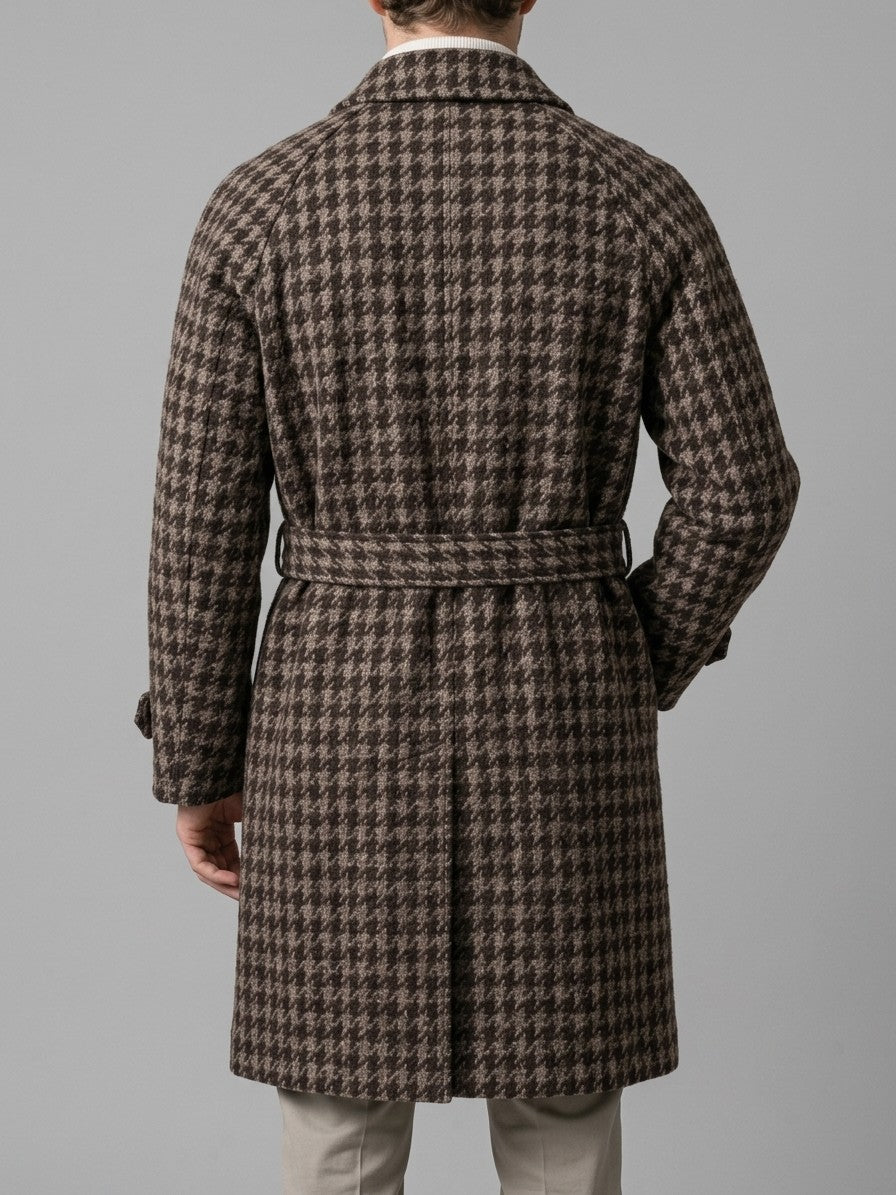 Tarvisio Men's Belted Houndstooth Balmacaan Coat — coffee — back