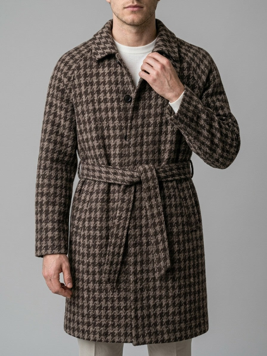Tarvisio Men's Belted Houndstooth Balmacaan Coat — coffee — front