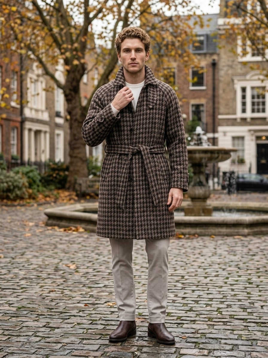 Tarvisio Men's Belted Houndstooth Balmacaan Coat — coffee — lifestyle