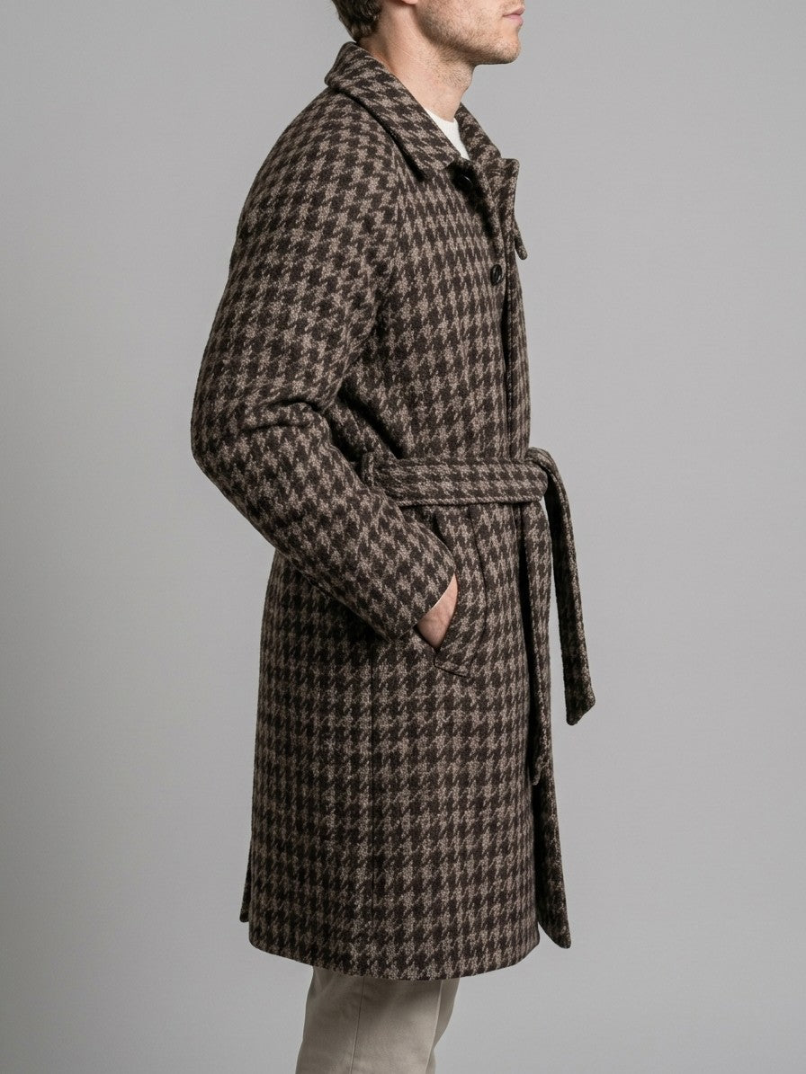 Tarvisio Men's Belted Houndstooth Balmacaan Coat — coffee — side