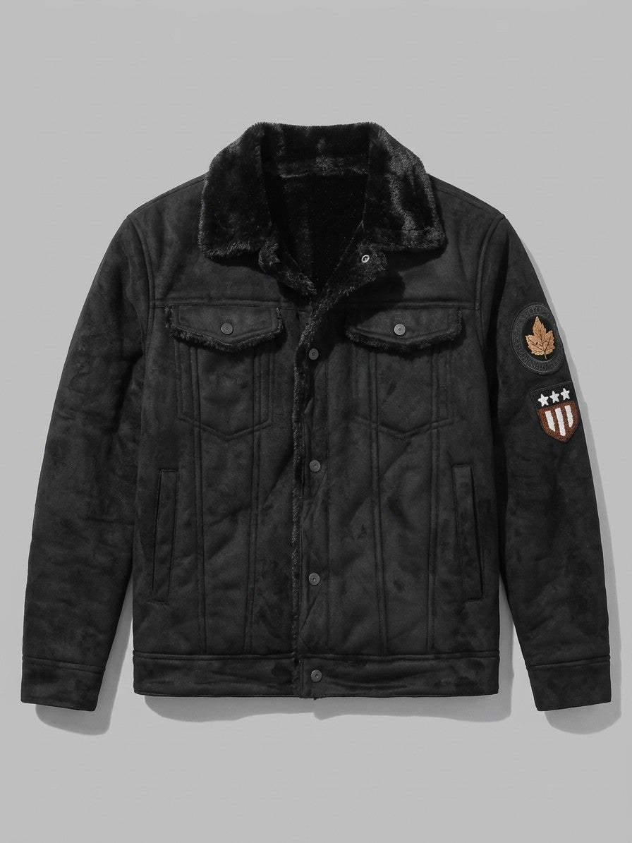 Tellaro Men's Fur-Lined Faux Suede Trucker Jacket — black — packshot