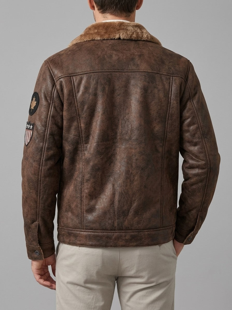 Tellaro Men's Fur-Lined Faux Suede Trucker Jacket — brown — back