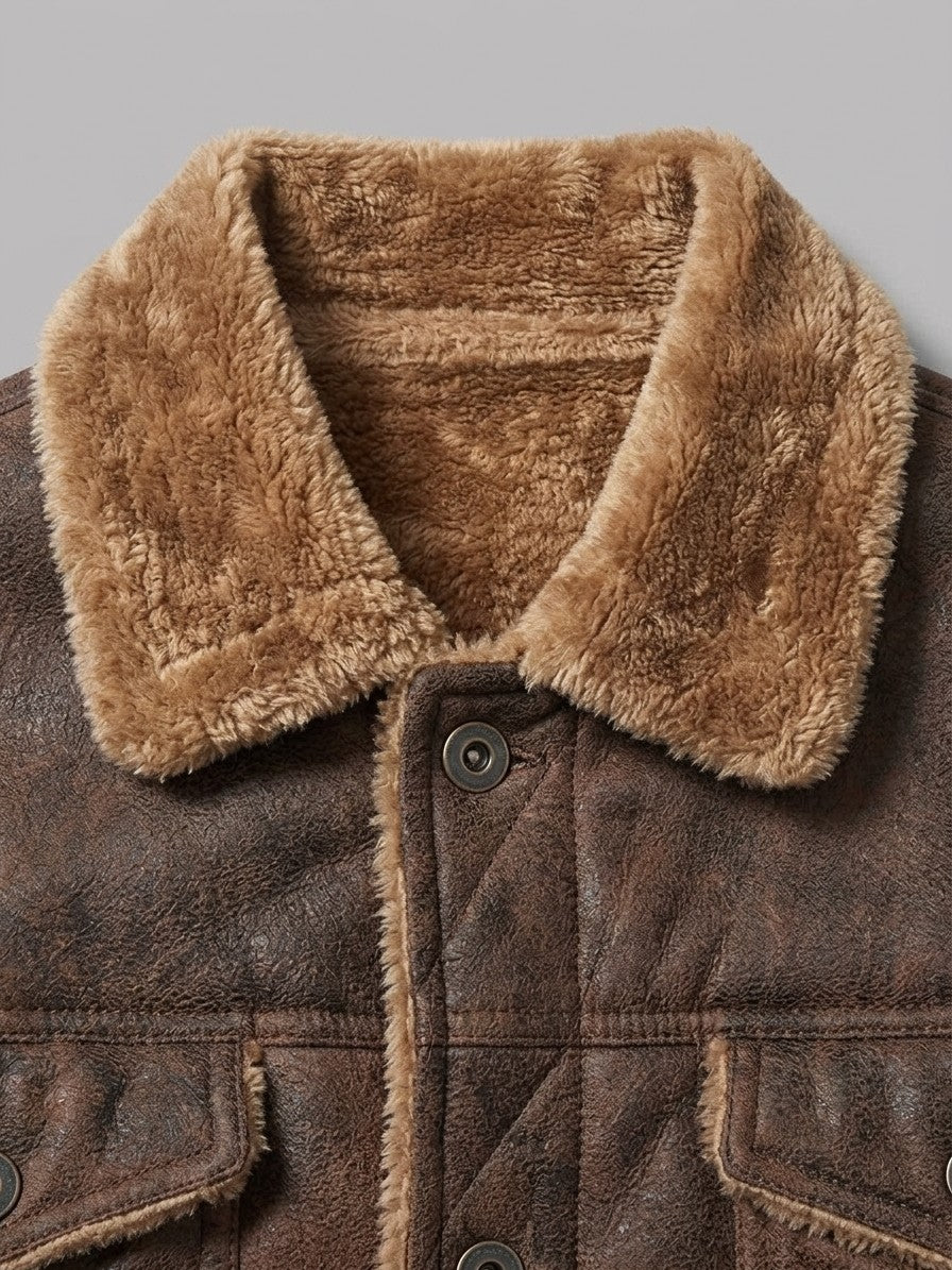 Tellaro Men's Fur-Lined Faux Suede Trucker Jacket — brown — detail