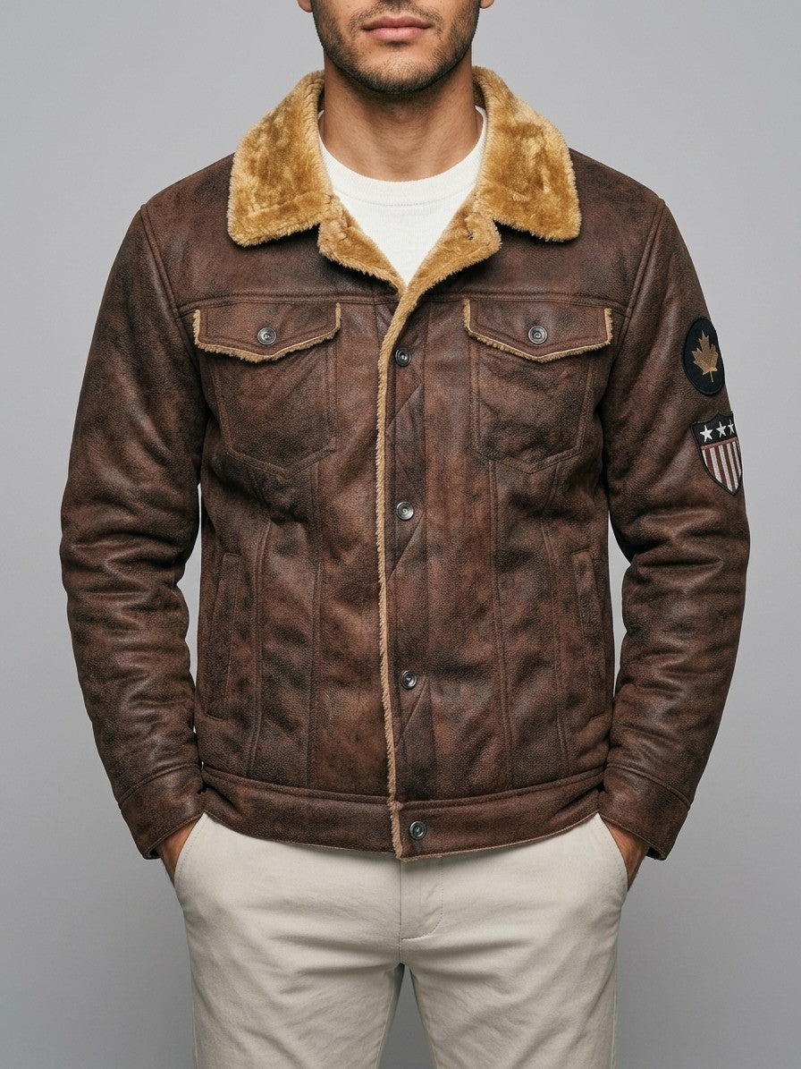 Tellaro Men's Fur-Lined Faux Suede Trucker Jacket — brown — front