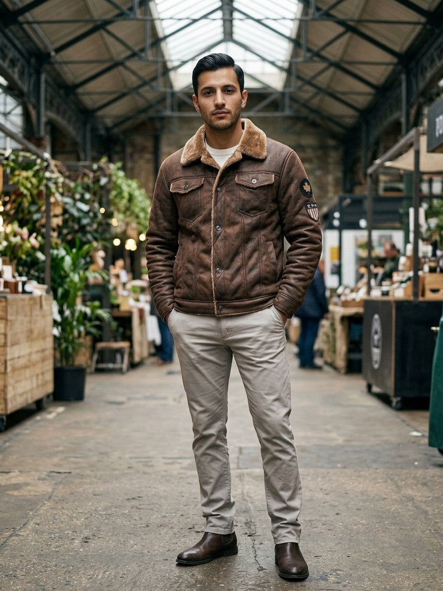 Tellaro Men's Fur-Lined Faux Suede Trucker Jacket — brown — lifestyle