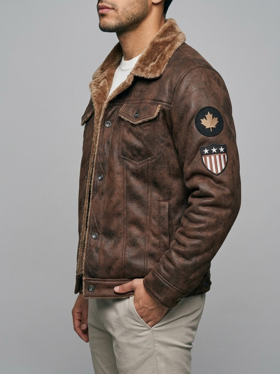 Tellaro Men's Fur-Lined Faux Suede Trucker Jacket — brown — side