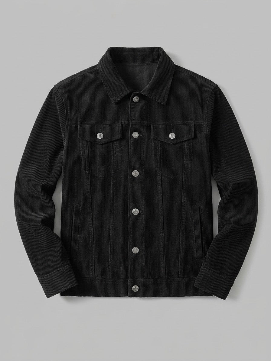 Tempio Men's Button-Front Corduroy Trucker Jacket — black — packshot