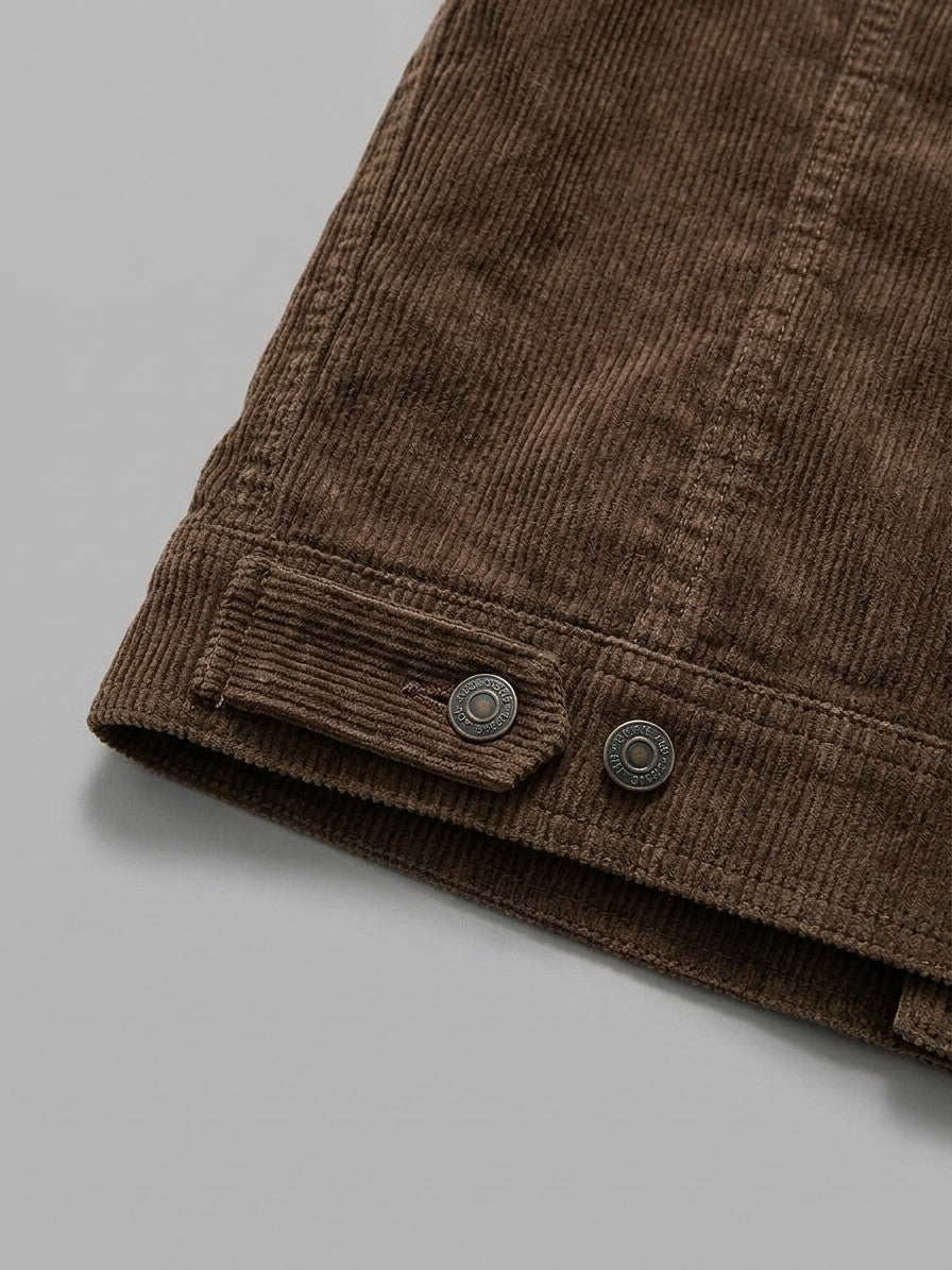 Tempio Men's Button-Front Corduroy Trucker Jacket — brown — detail-collar