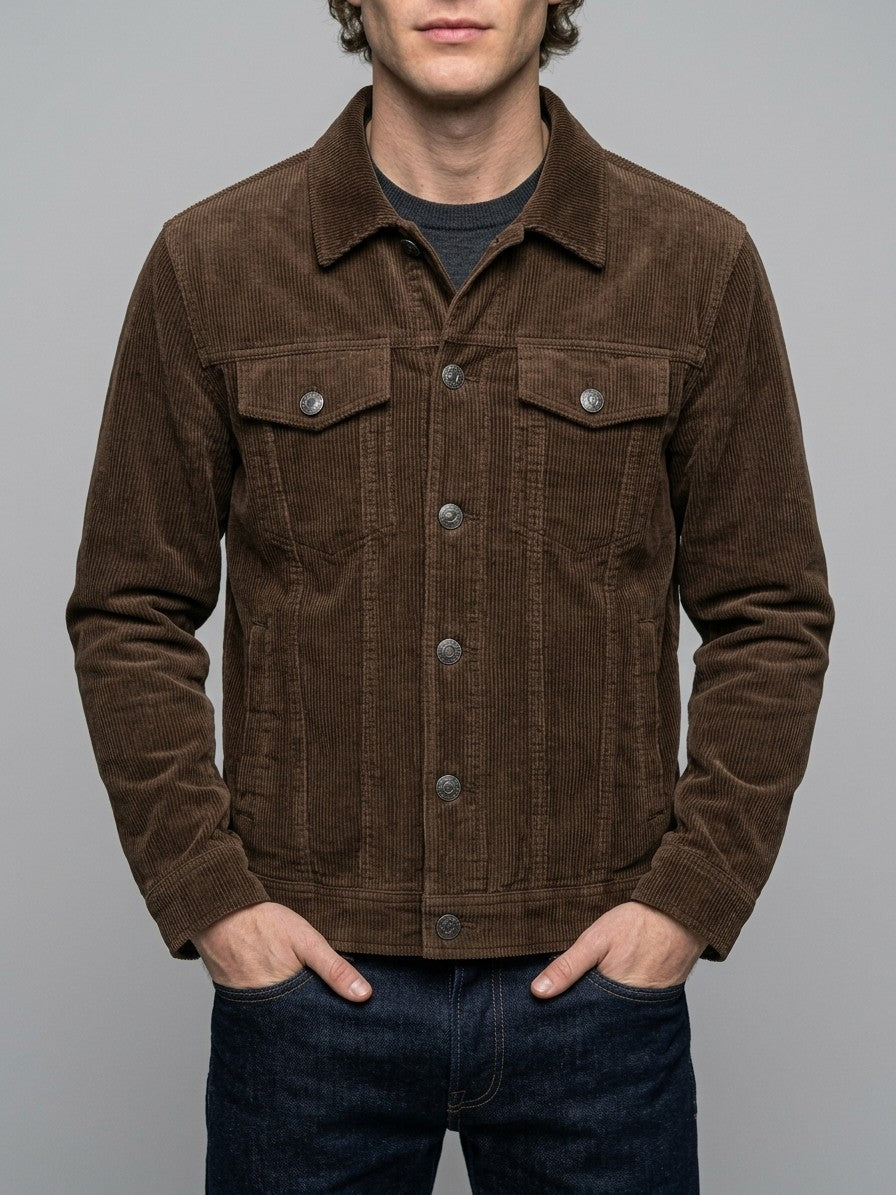 Tempio Men's Button-Front Corduroy Trucker Jacket — brown — front