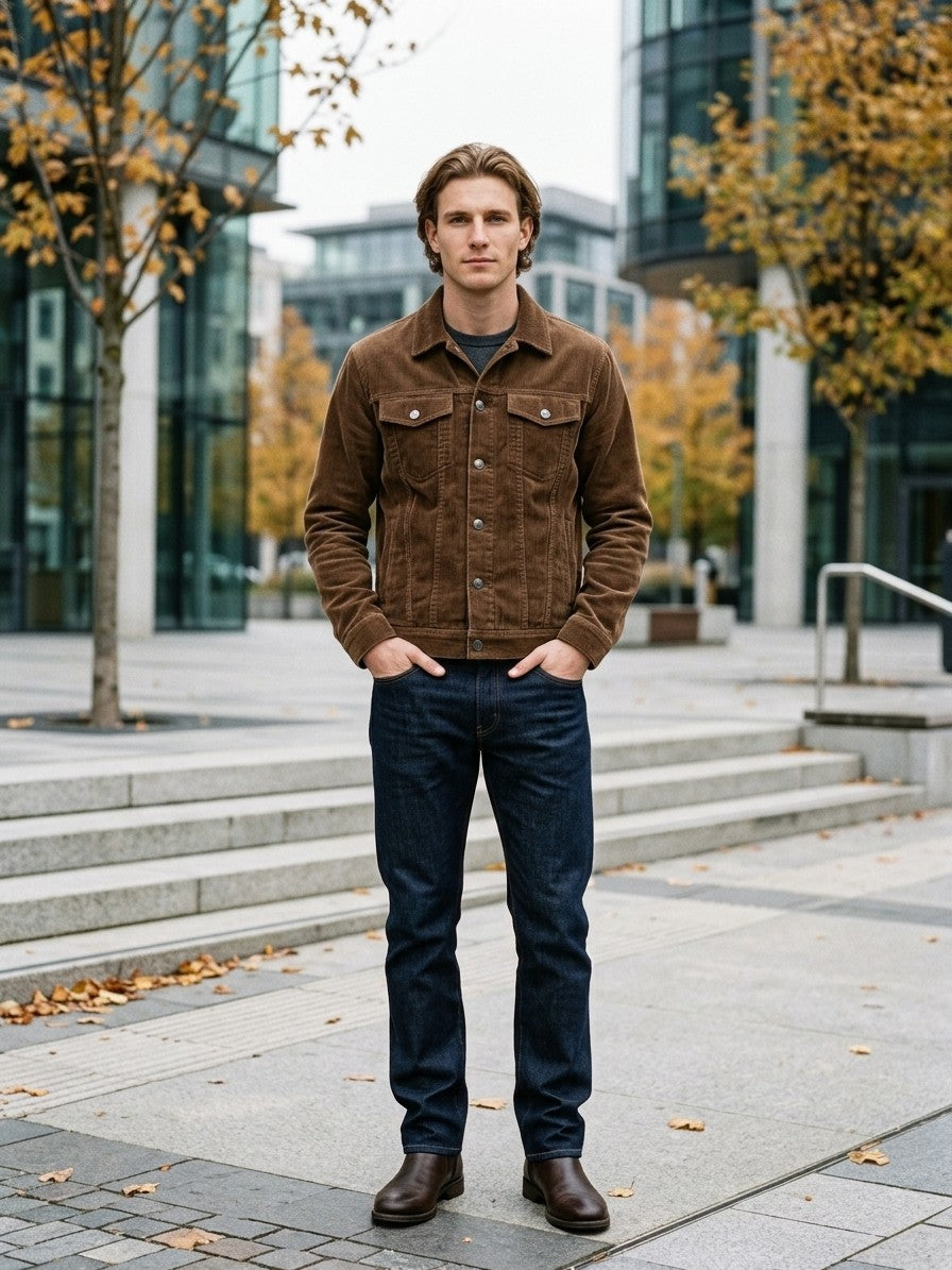 Tempio Men's Button-Front Corduroy Trucker Jacket — brown — lifestyle