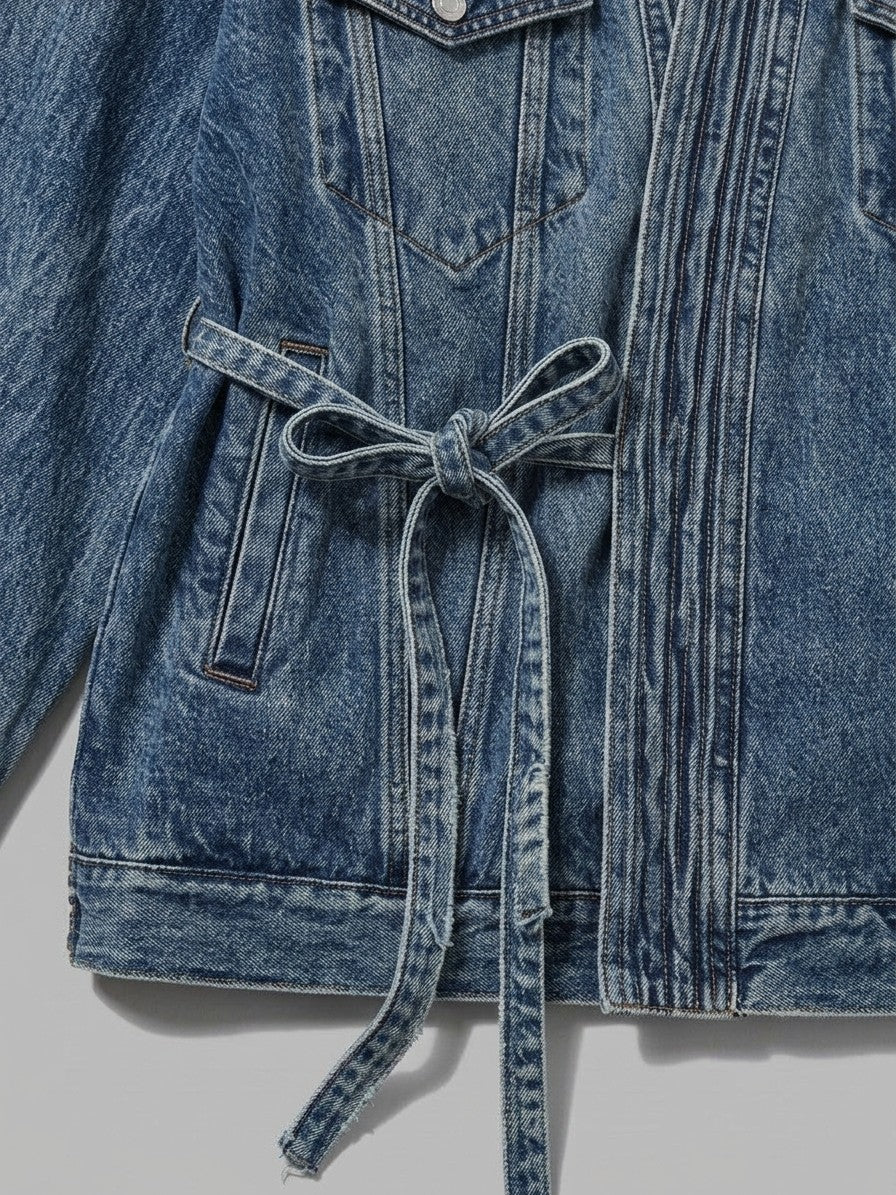 Termoli Men's Tie-Front Kimono Denim Jacket — lightblue — detail-collar