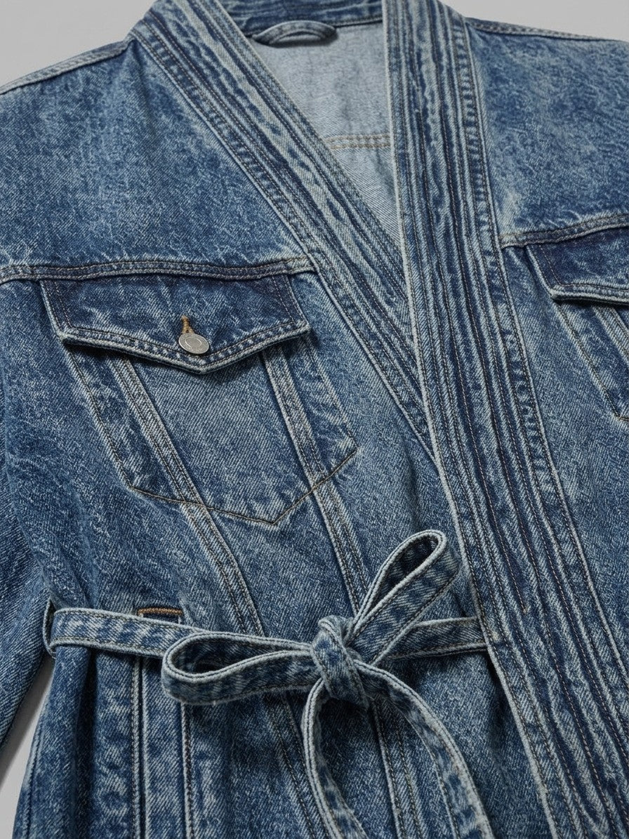 Termoli Men's Tie-Front Kimono Denim Jacket — lightblue — detail