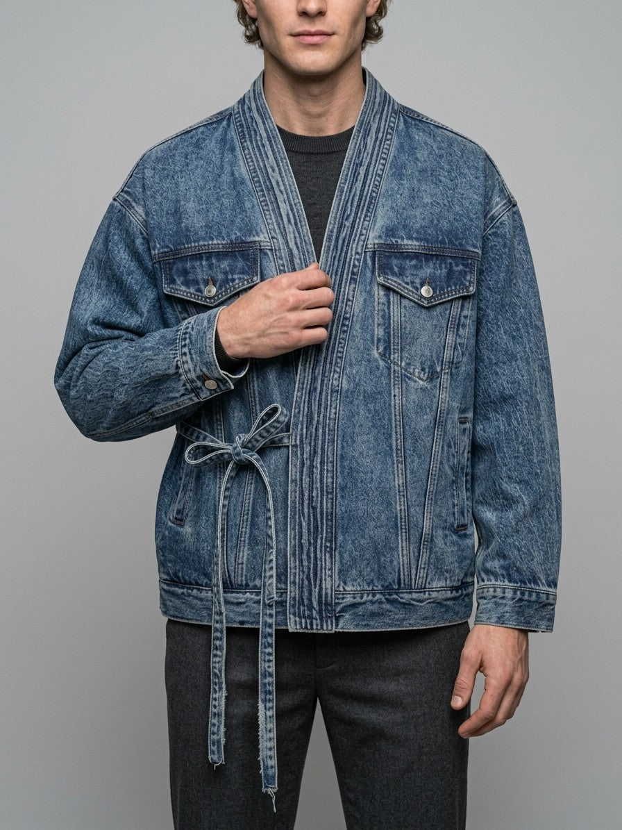 Termoli Men's Tie-Front Kimono Denim Jacket — lightblue — front