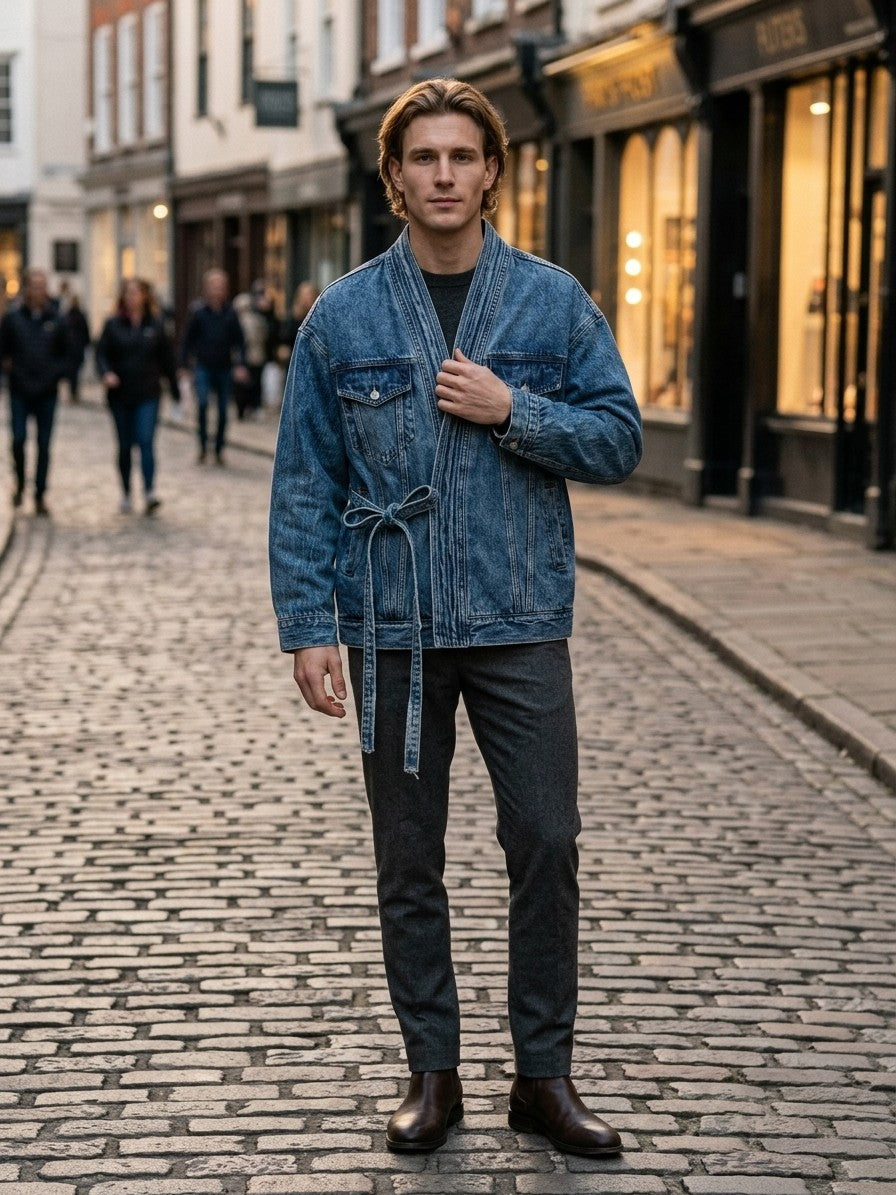Termoli Men's Tie-Front Kimono Denim Jacket — lightblue — lifestyle