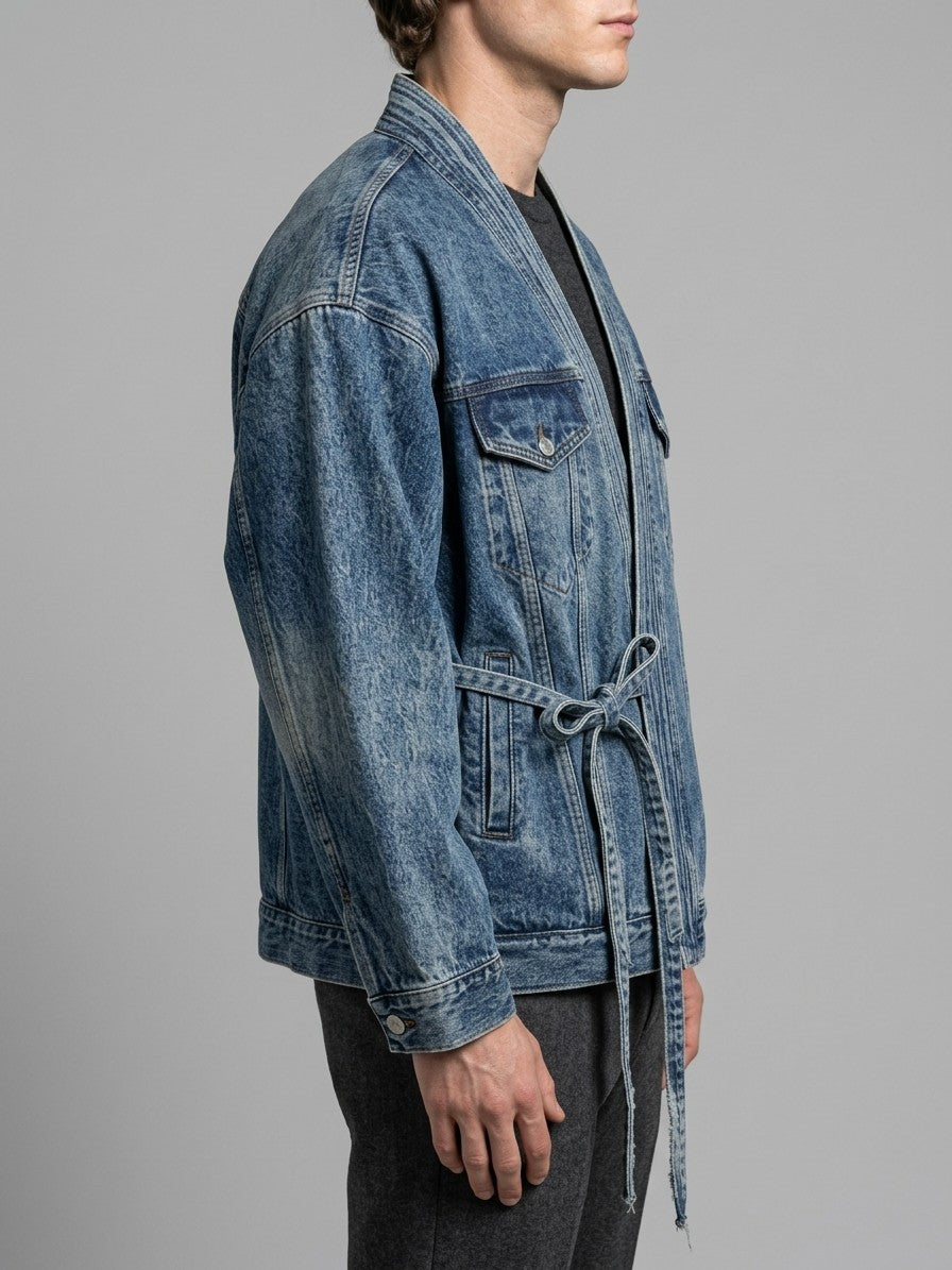 Termoli Men's Tie-Front Kimono Denim Jacket — lightblue — side