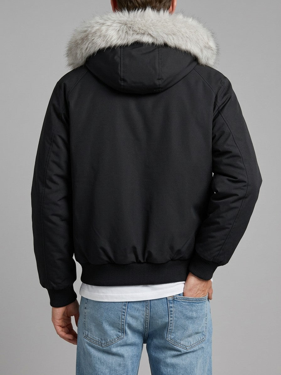 Terni Men's Fur-Hooded Padded Bomber — black — back