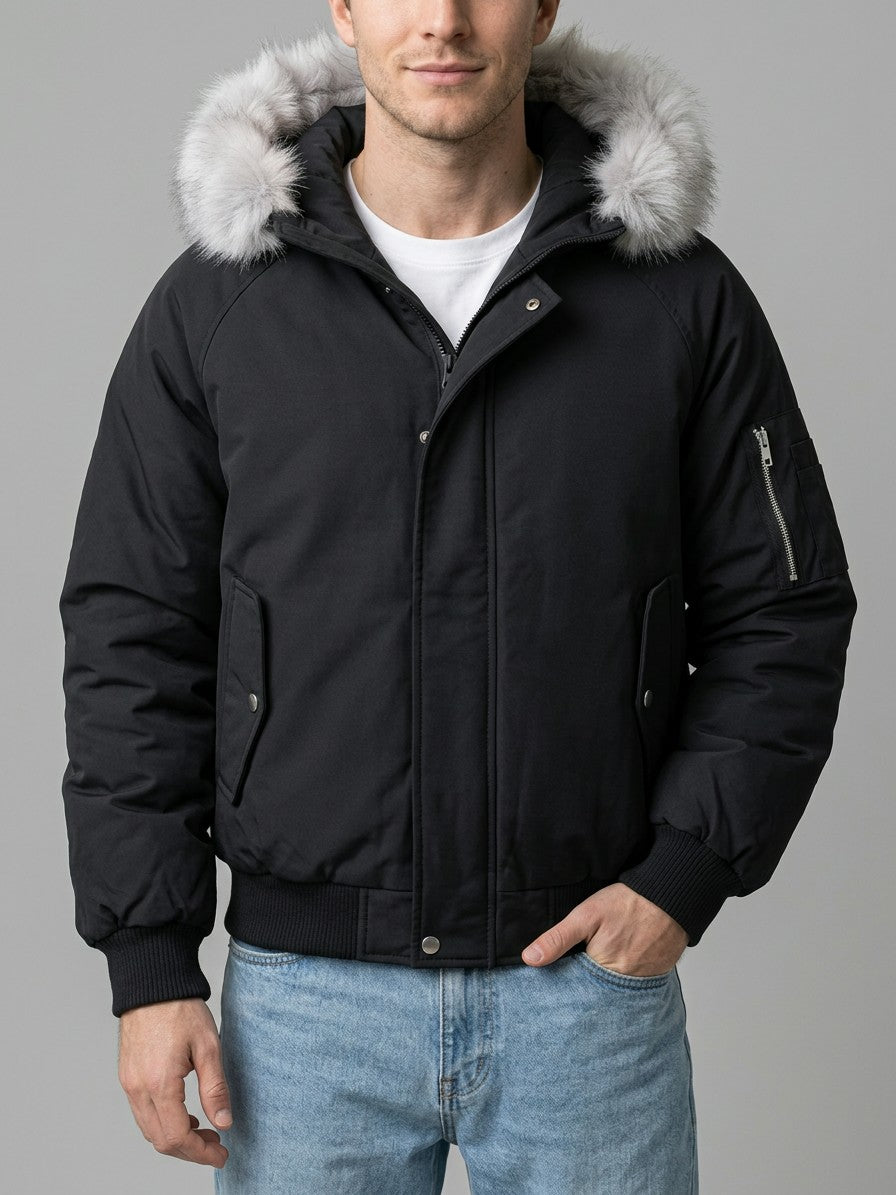 Terni Men's Fur-Hooded Padded Bomber — black — front
