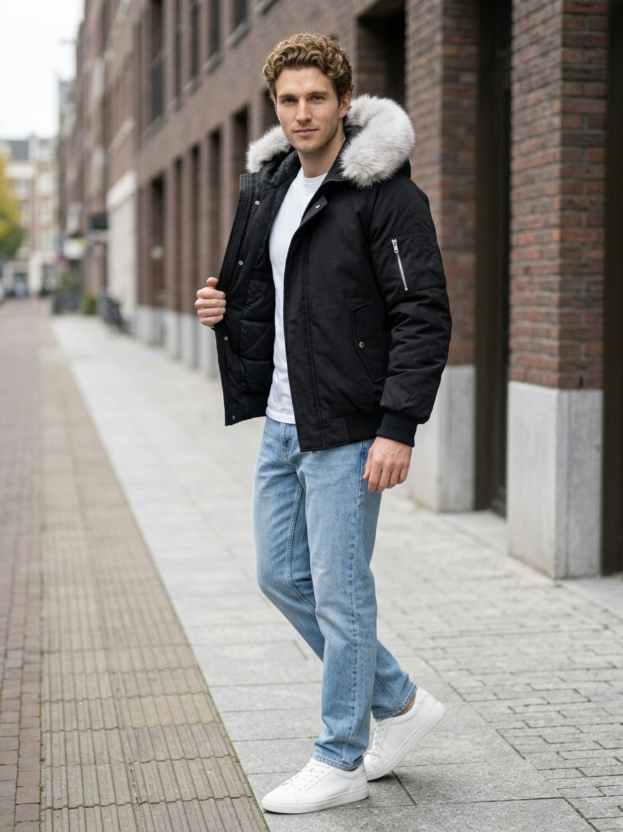 Terni Men's Fur-Hooded Padded Bomber — black — lifestyle