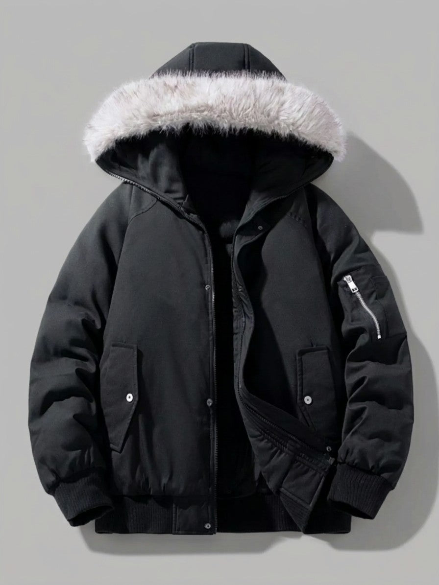 Terni Men's Fur-Hooded Padded Bomber — black — packshot