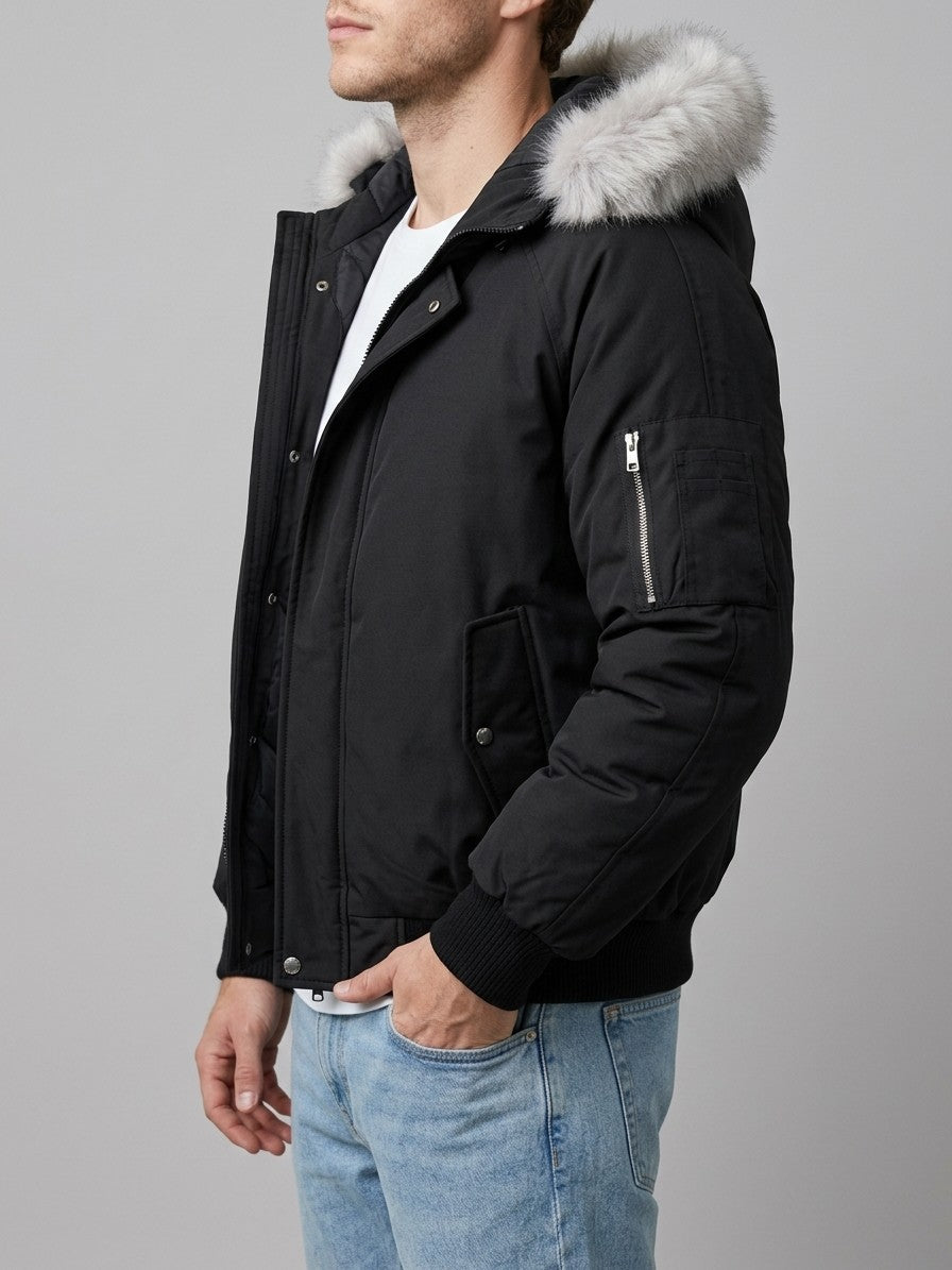 Terni Men's Fur-Hooded Padded Bomber — black — side