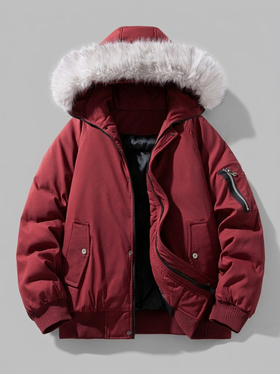 Terni Men's Fur-Hooded Padded Bomber — burgundy — packshot