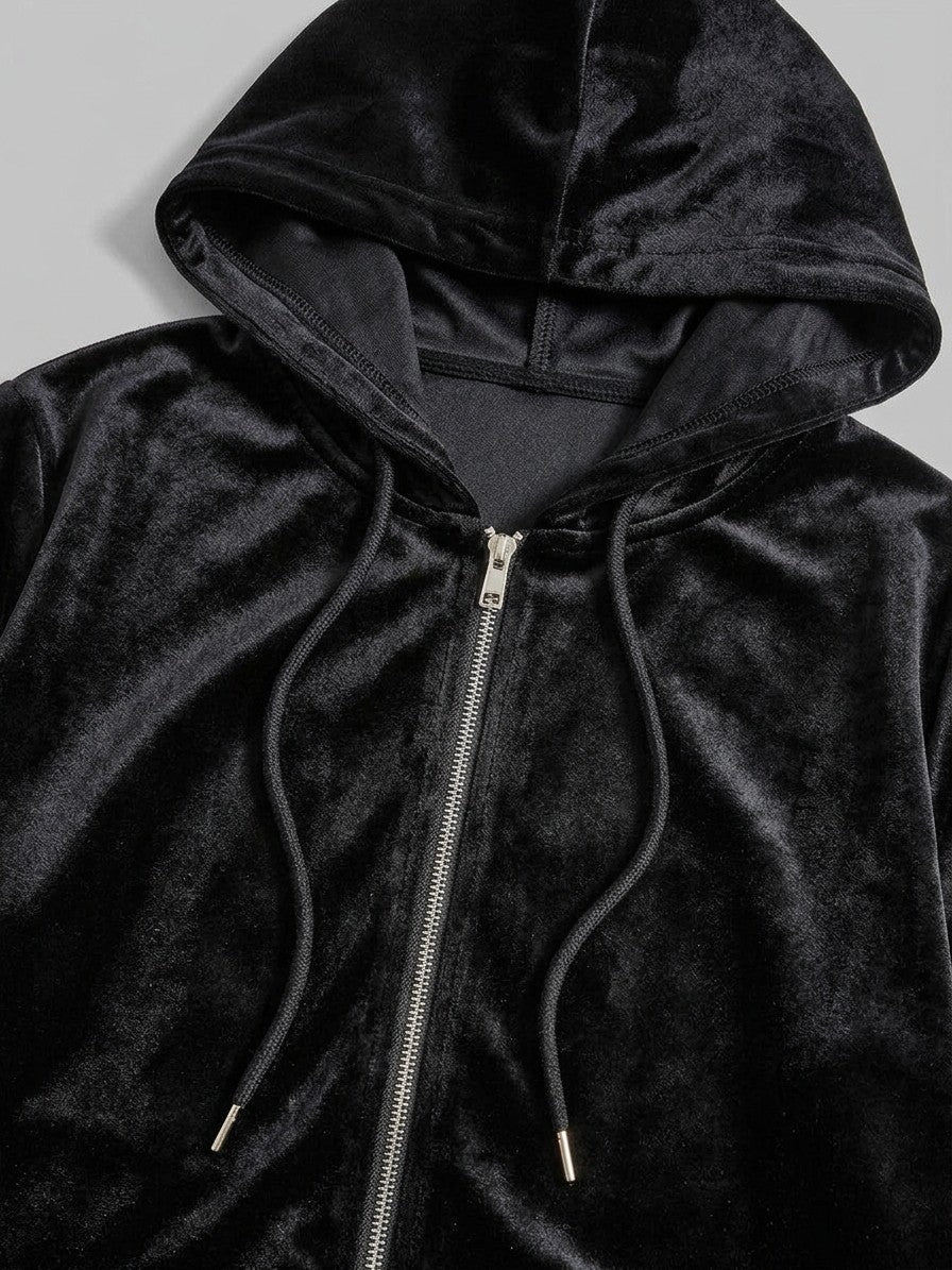Terracina Women's Velvet Zip-Up Hoodie — black — detail-2