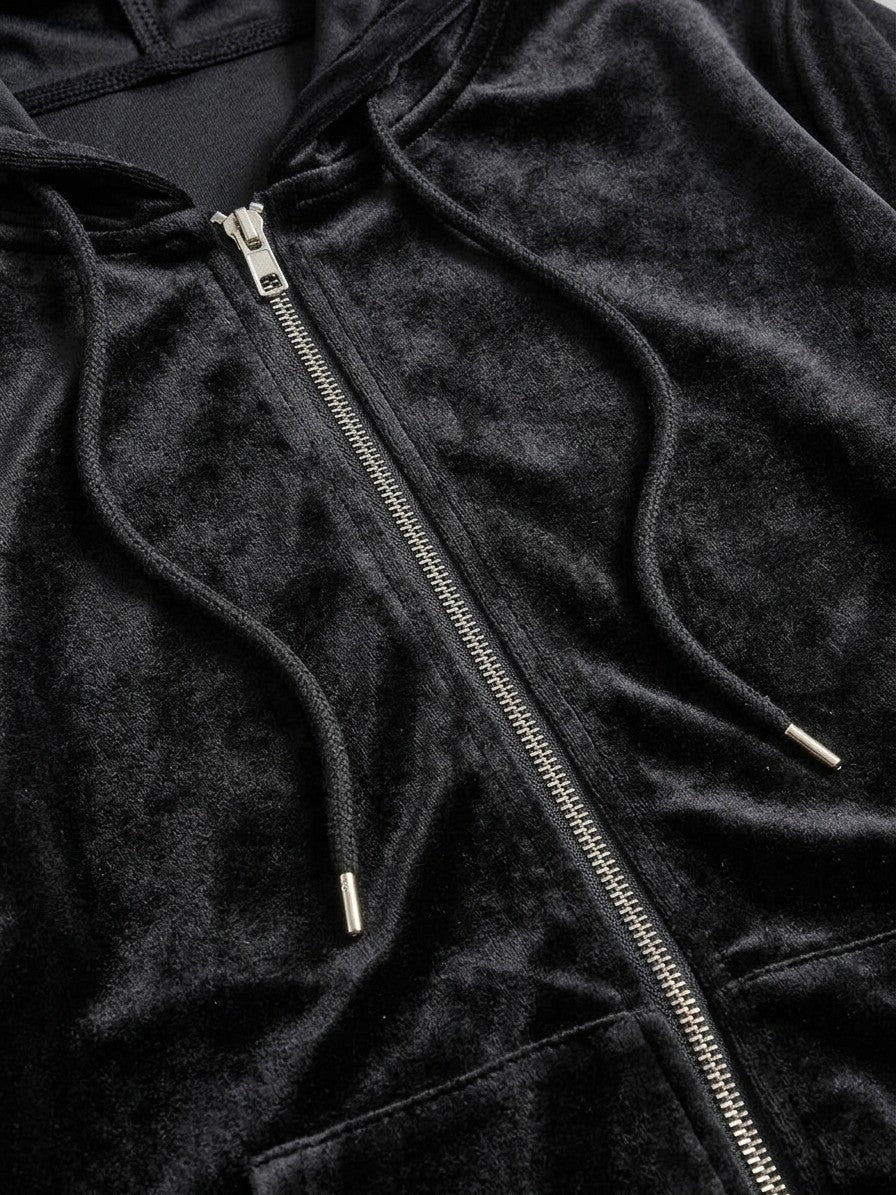 Terracina Women's Velvet Zip-Up Hoodie — black — detail